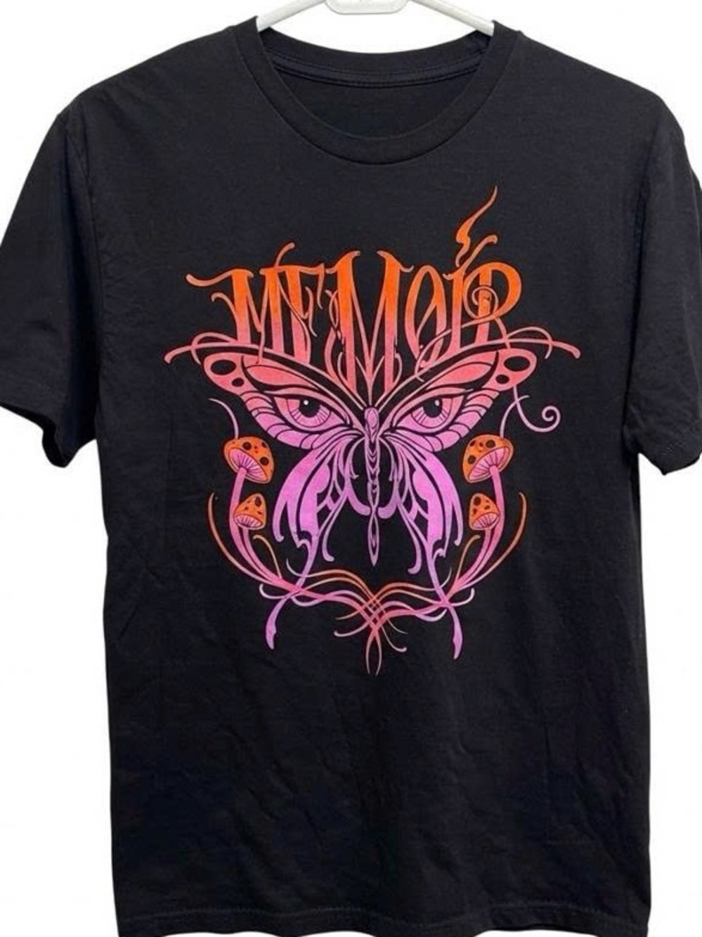 Black Short-Sleeve Tee with Pink and Orange Butterfly Design